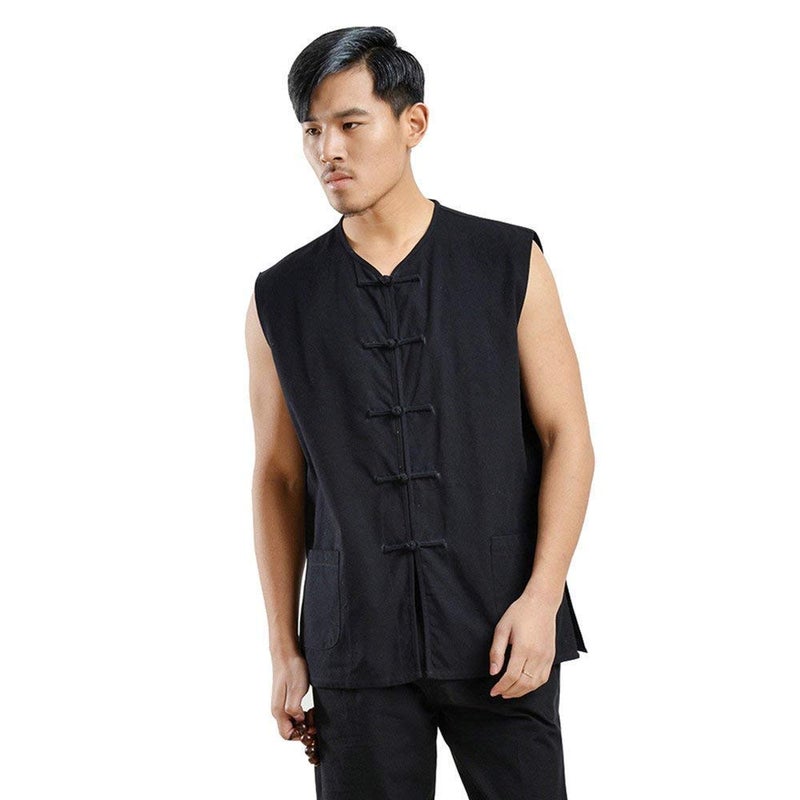 ZooBoo Kung Fu Uniform Vest - Chinese Traditional Qi Gong Martial Arts Wing Chun Shaolin Tai Chi Training Cloths Apparel (Black, M) - Image 1